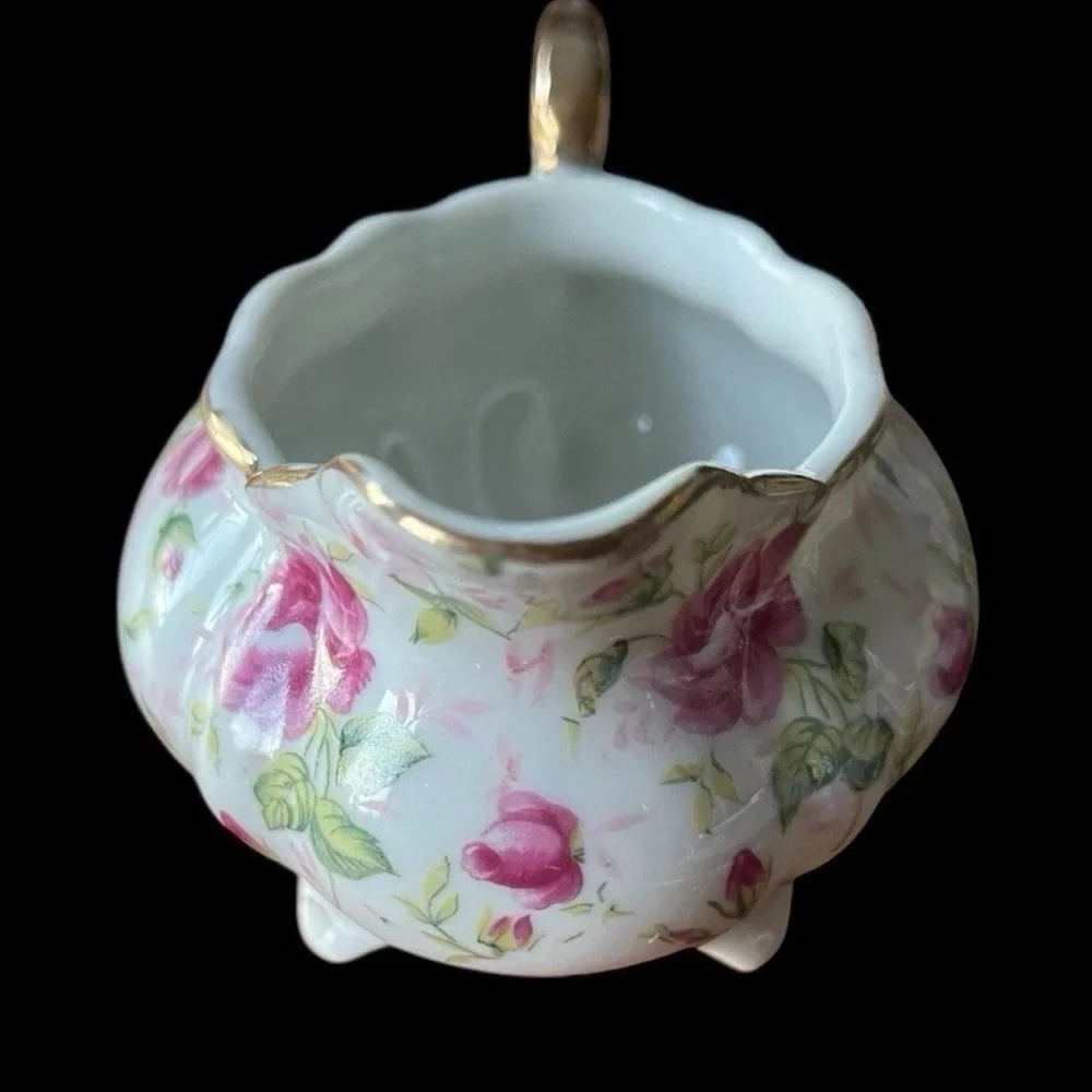 Vintage Lefton Rose Creamer Gold Trim Hand Painted Japan 1950s Cottagecore.